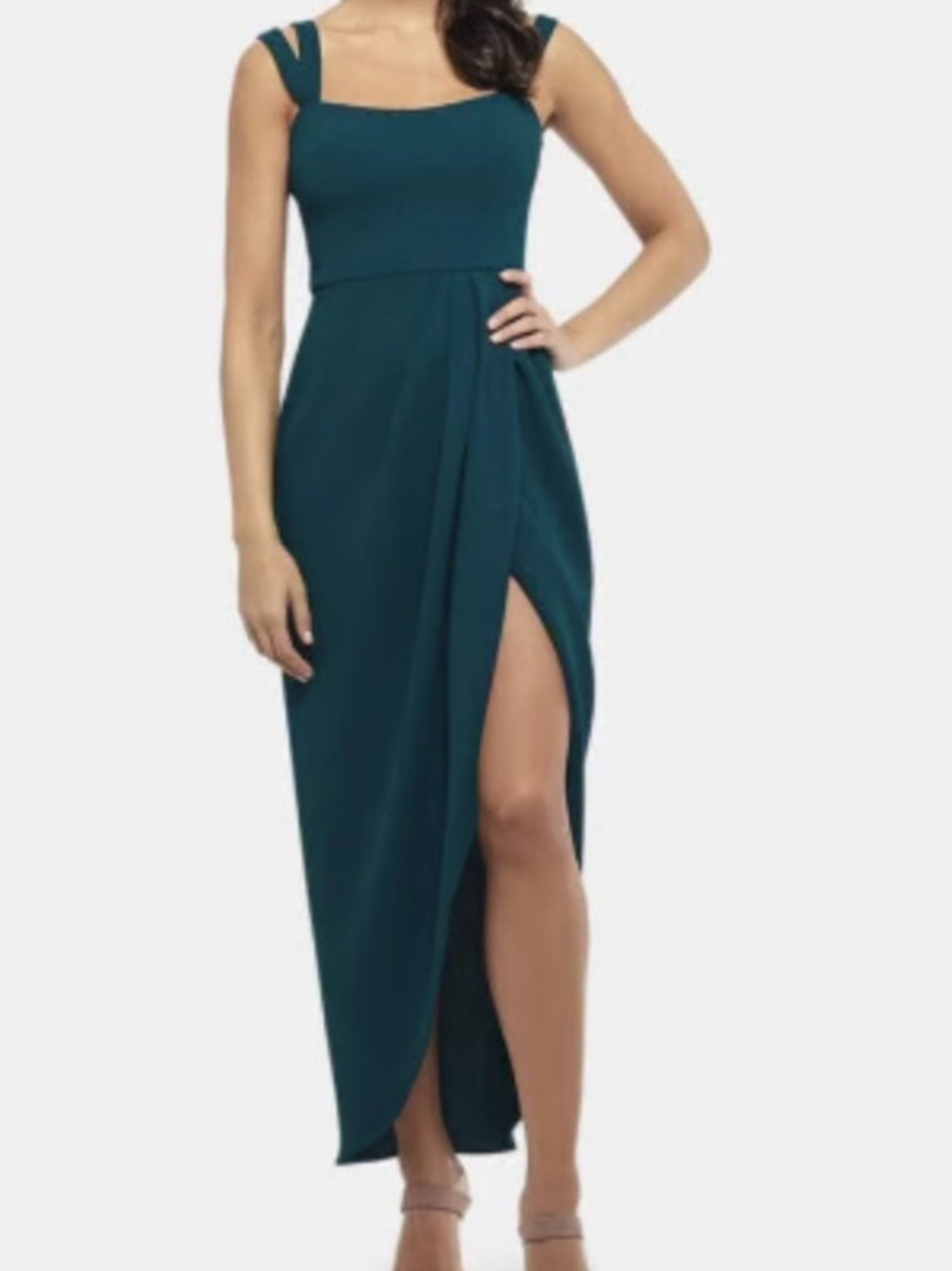 Xscape Dark Green Double Strap Ruched Dress